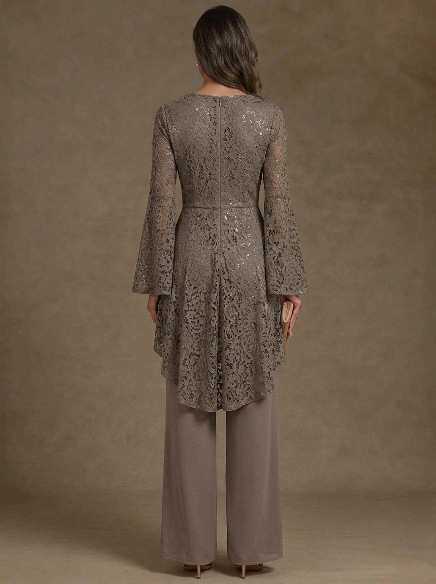 2 Pieces V-Neck Mother of the Bride Pantsuits Ankle-Length Lace Floral Long Sleeves