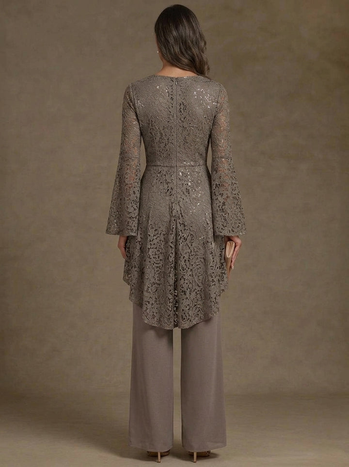 2 Pieces V-Neck Mother of the Bride Pantsuits Ankle-Length Lace Floral Long Sleeves