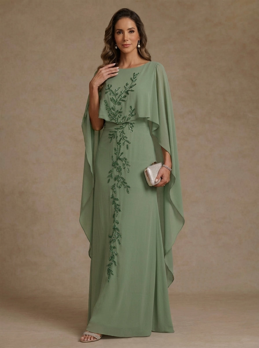 A-Line/Princess Scoop Chiffon Mother of the Bride Dresses Floral Sequins Floor-Length Cape Sleeves
