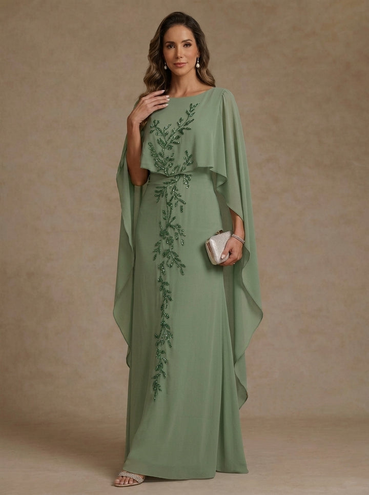 A-Line/Princess Scoop Chiffon Mother of the Bride Dresses Floral Sequins Floor-Length Cape Sleeves