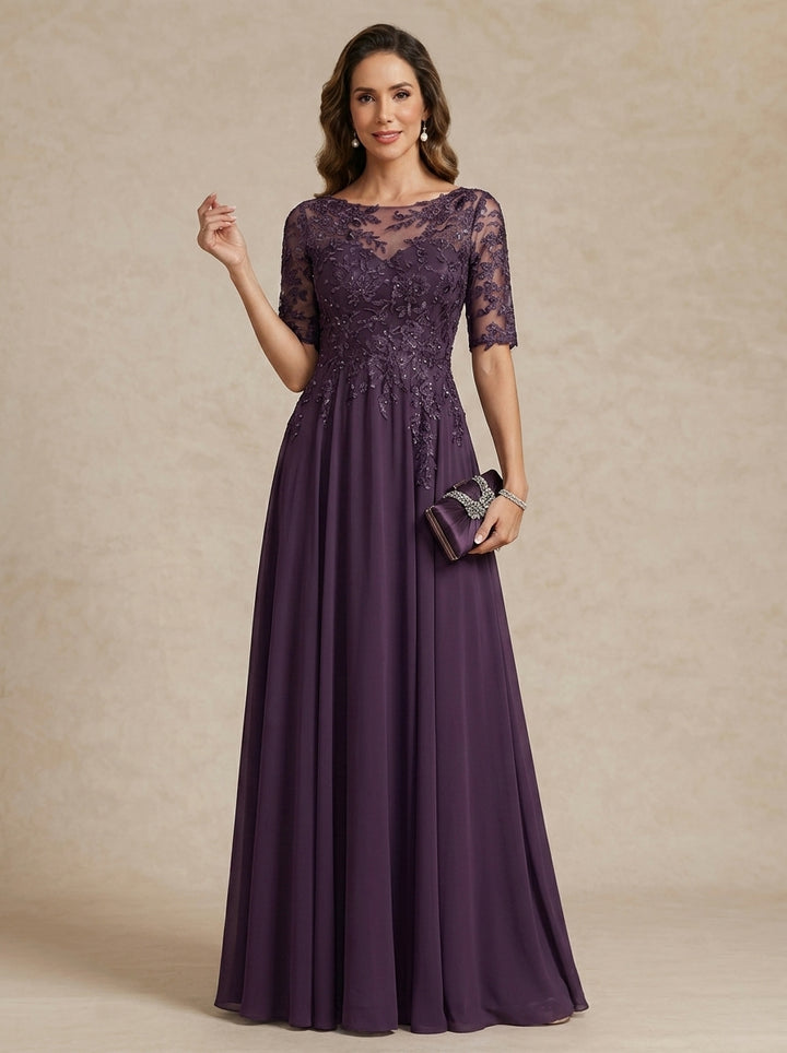 A-Line/Princess Scoop Chiffon Mother of the Bride Dresses Lace Floral Floor-Length Half Sleeves
