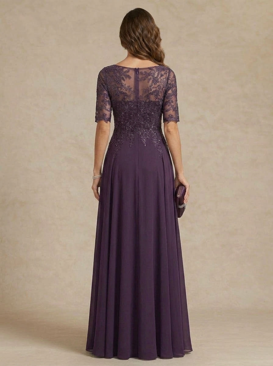 A-Line/Princess Scoop Chiffon Mother of the Bride Dresses Lace Floral Floor-Length Half Sleeves