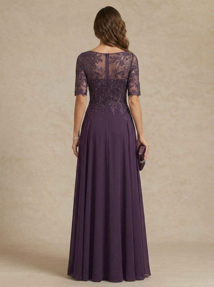 A-Line/Princess Scoop Chiffon Mother of the Bride Dresses Lace Floral Floor-Length Half Sleeves