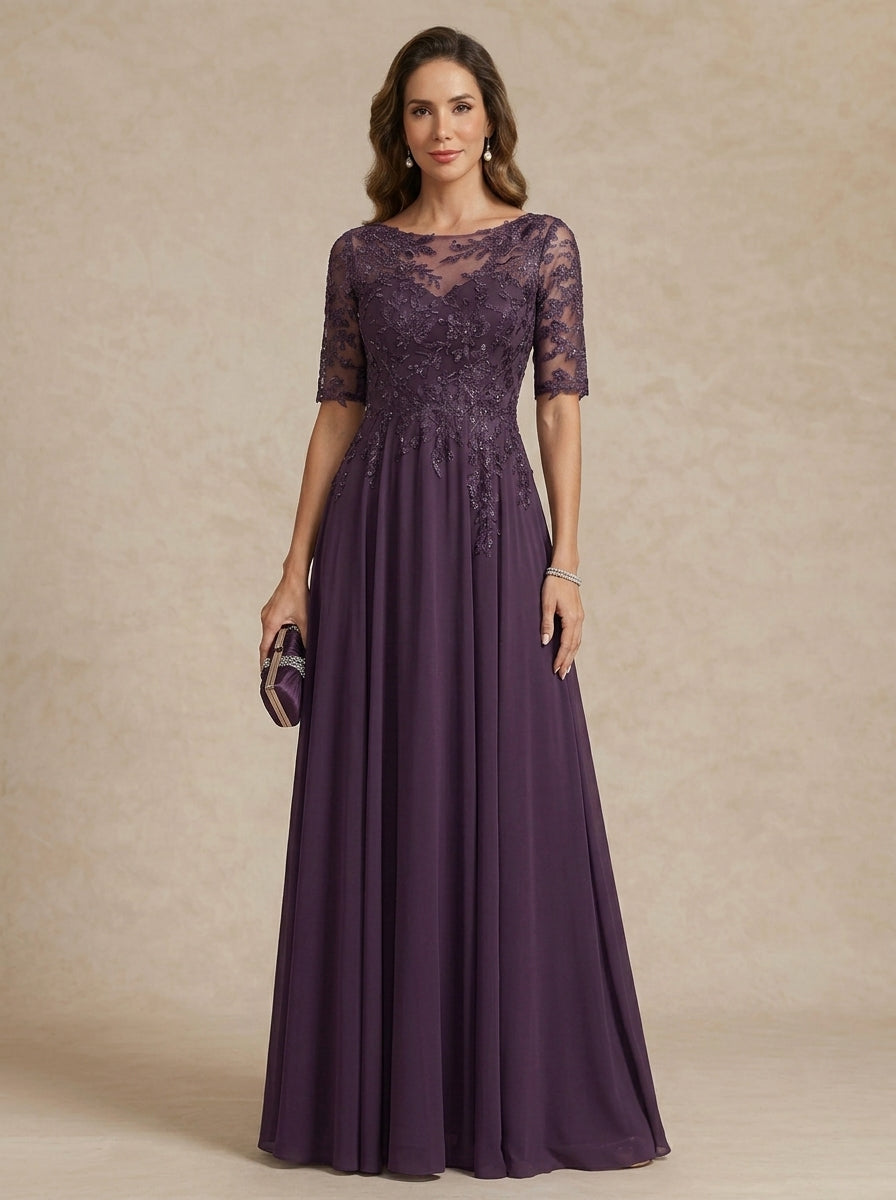 A-Line/Princess Scoop Chiffon Mother of the Bride Dresses Lace Floral Floor-Length Half Sleeves