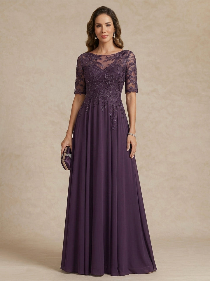 A-Line/Princess Scoop Chiffon Mother of the Bride Dresses Lace Floral Floor-Length Half Sleeves