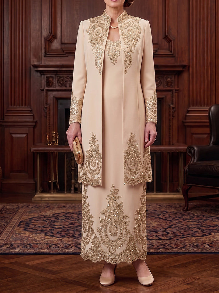 2 Pieces Sheath/Column V-Neck Stretch Satin Mother of the Bride Dresses Sequins Long Sleeves Ankle-Length