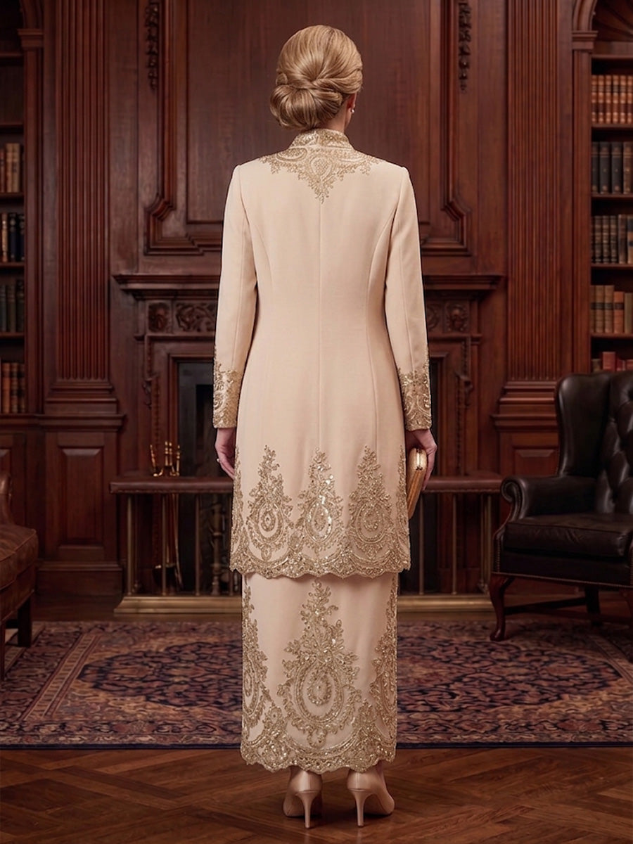 2 Pieces Sheath/Column V-Neck Stretch Satin Mother of the Bride Dresses Sequins Long Sleeves Ankle-Length