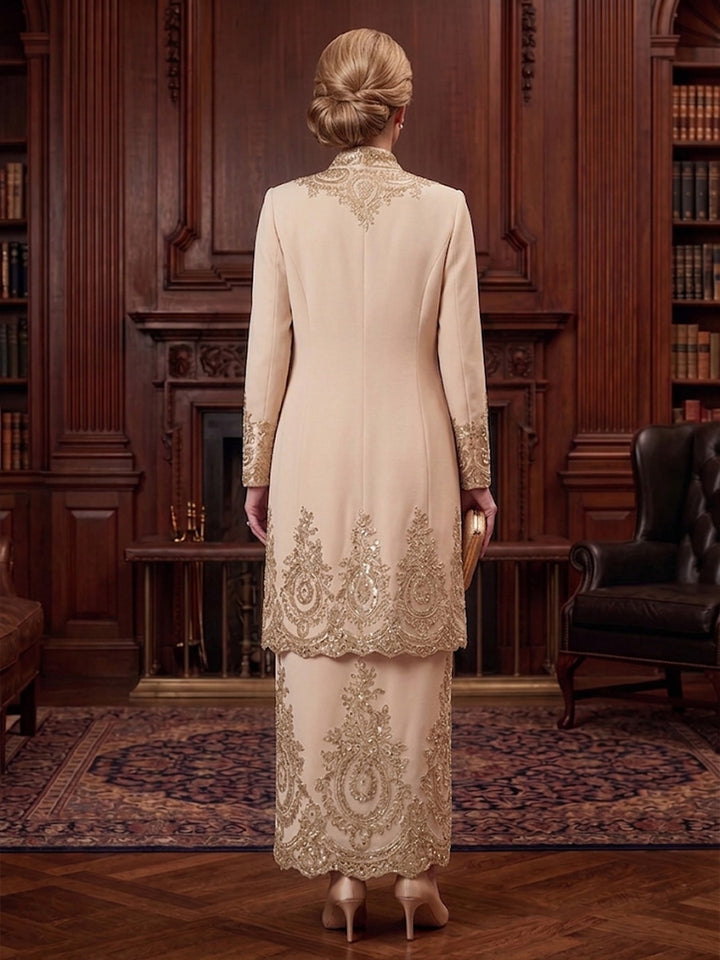 2 Pieces Sheath/Column V-Neck Stretch Satin Mother of the Bride Dresses Sequins Long Sleeves Ankle-Length
