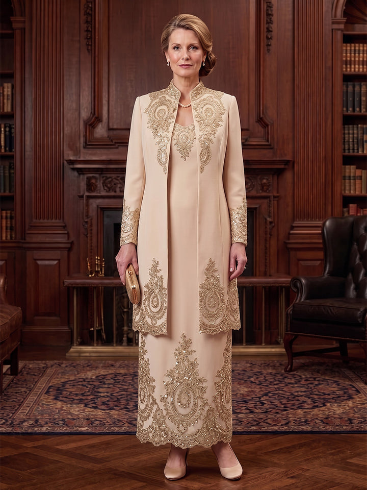 2 Pieces Sheath/Column V-Neck Stretch Satin Mother of the Bride Dresses Sequins Long Sleeves Ankle-Length