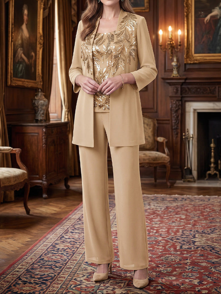 3 Pieces Scoop Chiffon Mother of the Bride Pantsuits Sequins 3/4 Sleeves Ankle-Length