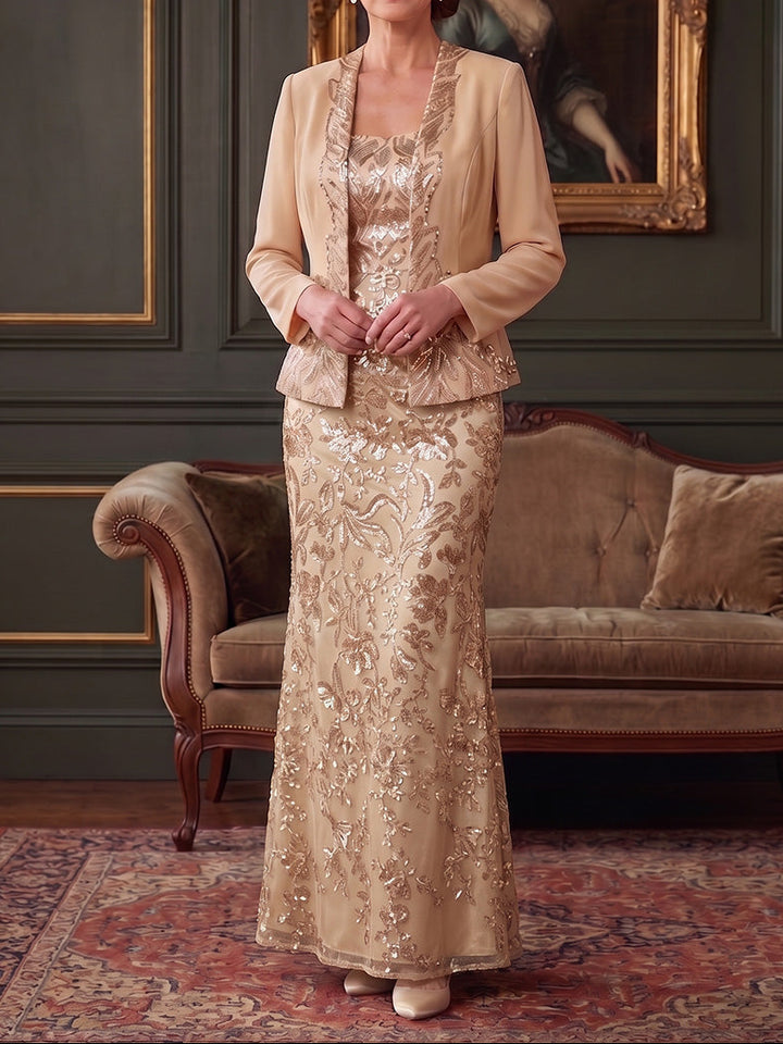 2 Pieces Sheath/Column Scoop Stretch Satin Mother of the Bride Dresses Sequins Long Sleeves Ankle-Length