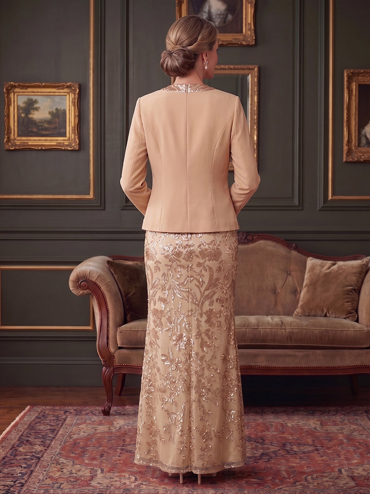 2 Pieces Sheath/Column Scoop Stretch Satin Mother of the Bride Dresses Sequins Long Sleeves Ankle-Length