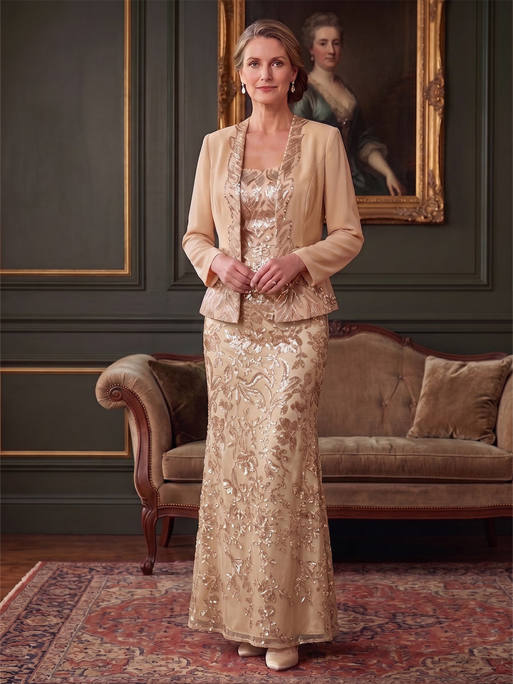 2 Pieces Sheath/Column Scoop Stretch Satin Mother of the Bride Dresses Sequins Long Sleeves Ankle-Length