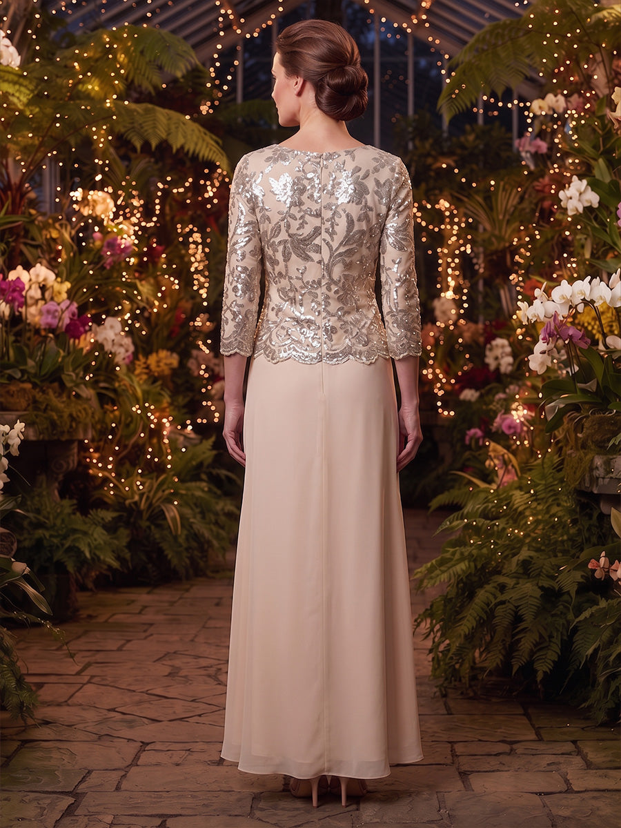 A-Line/Princess Scoop Chiffon Mother of the Bride Dresses Sequins 3/4 Sleeves Ankle-Length