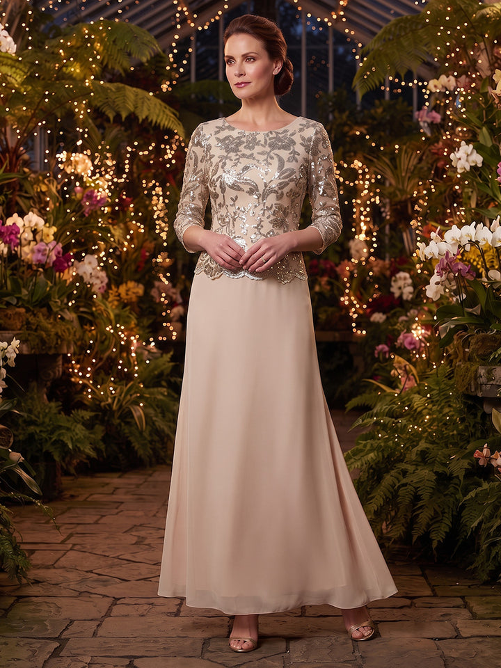 A-Line/Princess Scoop Chiffon Mother of the Bride Dresses Sequins 3/4 Sleeves Ankle-Length