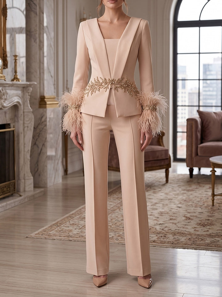 3 Pieces Scoop Stretch Satin Mother of the Bride Pantsuits Long Sleeves Ankle-Length With Feathers