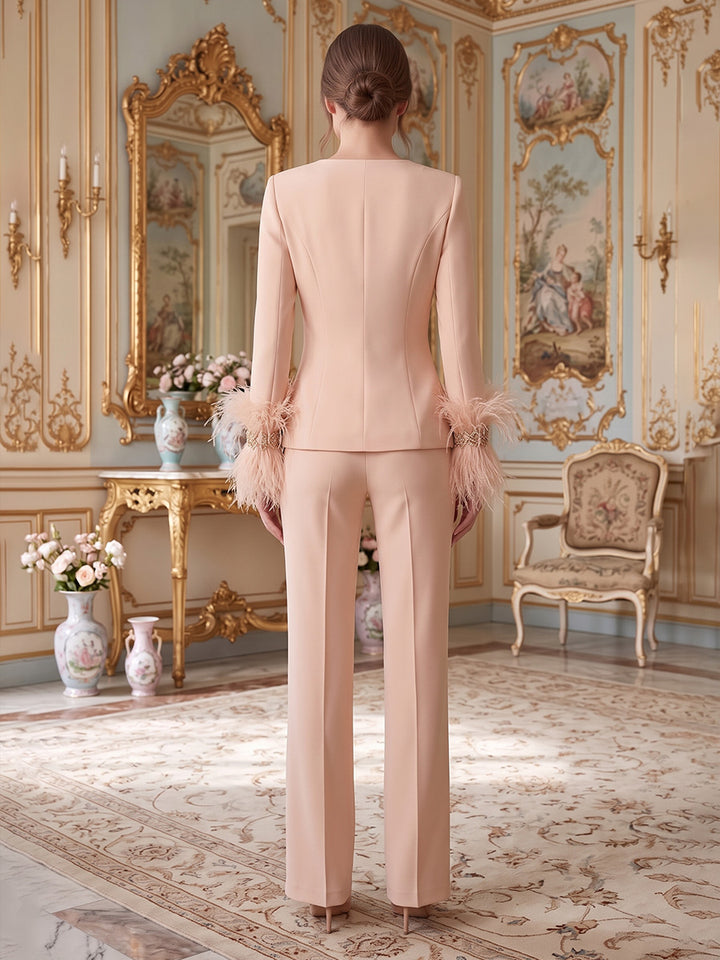 3 Pieces Scoop Stretch Satin Mother of the Bride Pantsuits Long Sleeves Ankle-Length With Feathers