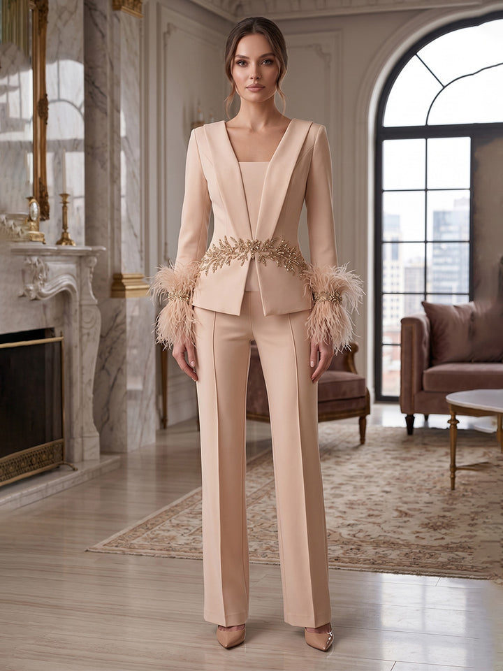 3 Pieces Scoop Stretch Satin Mother of the Bride Pantsuits Long Sleeves Ankle-Length With Feathers