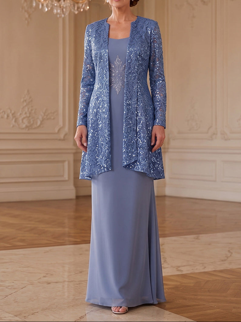 2 Pieces Sheath/Column Scoop Chiffon Mother of the Bride Dresses Sequins Long Sleeves Floor-Length