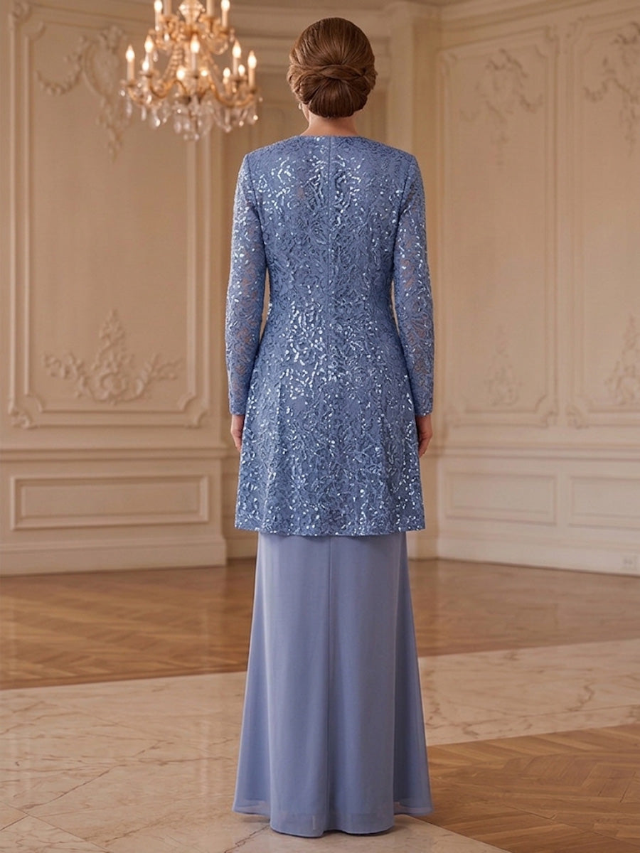 2 Pieces Sheath/Column Scoop Chiffon Mother of the Bride Dresses Sequins Long Sleeves Floor-Length