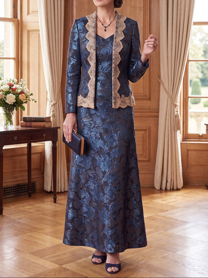 2 Pieces A-Line/Princess V-Neck Jacquard Mother of the Bride Dresses Lace Long Sleeves Ankle-Length