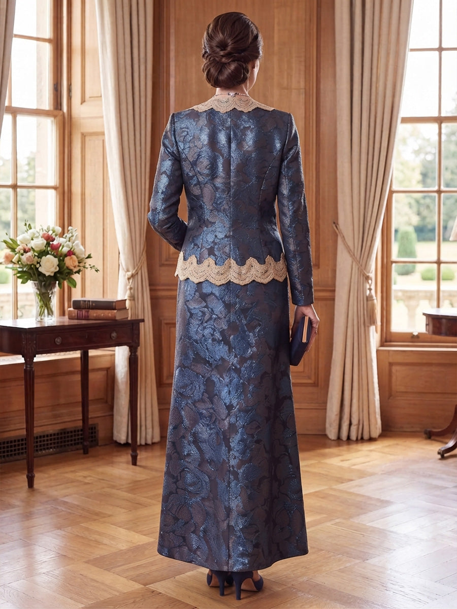 2 Pieces A-Line/Princess V-Neck Jacquard Mother of the Bride Dresses Lace Long Sleeves Ankle-Length