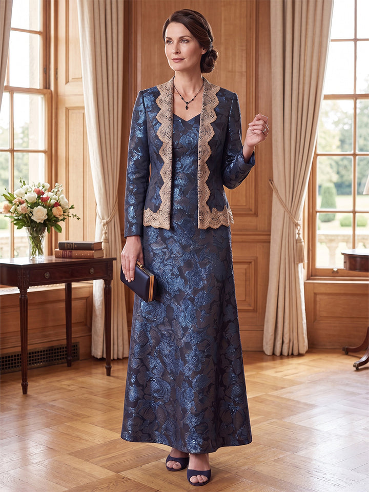 2 Pieces A-Line/Princess V-Neck Jacquard Mother of the Bride Dresses Lace Long Sleeves Ankle-Length