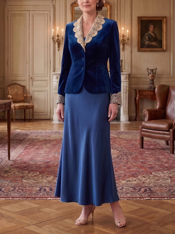 2 Pieces A-Line/Princess V-Neck Satin Mother of the Bride Dresses Lace Long Sleeves Ankle-Length