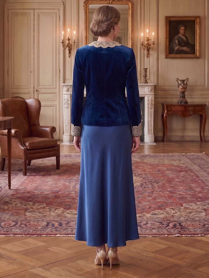 2 Pieces A-Line/Princess V-Neck Satin Mother of the Bride Dresses Lace Long Sleeves Ankle-Length
