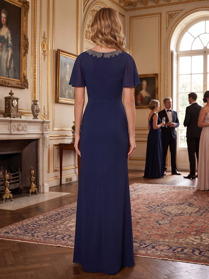 A-Line/Princess Scoop Chiffon Mother of the Bride Dresses Floor-Length Short Sleeves With Beading