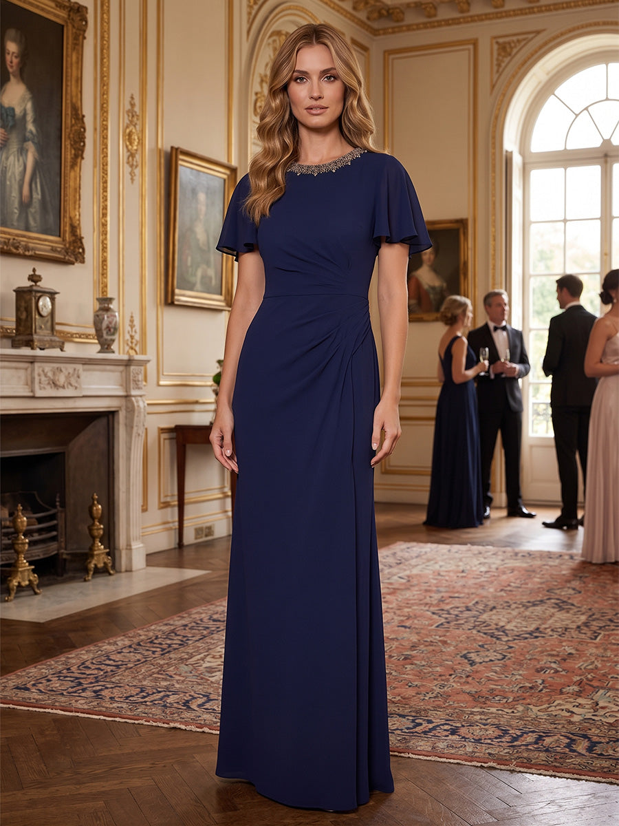 A-Line/Princess Scoop Chiffon Mother of the Bride Dresses Floor-Length Short Sleeves With Beading