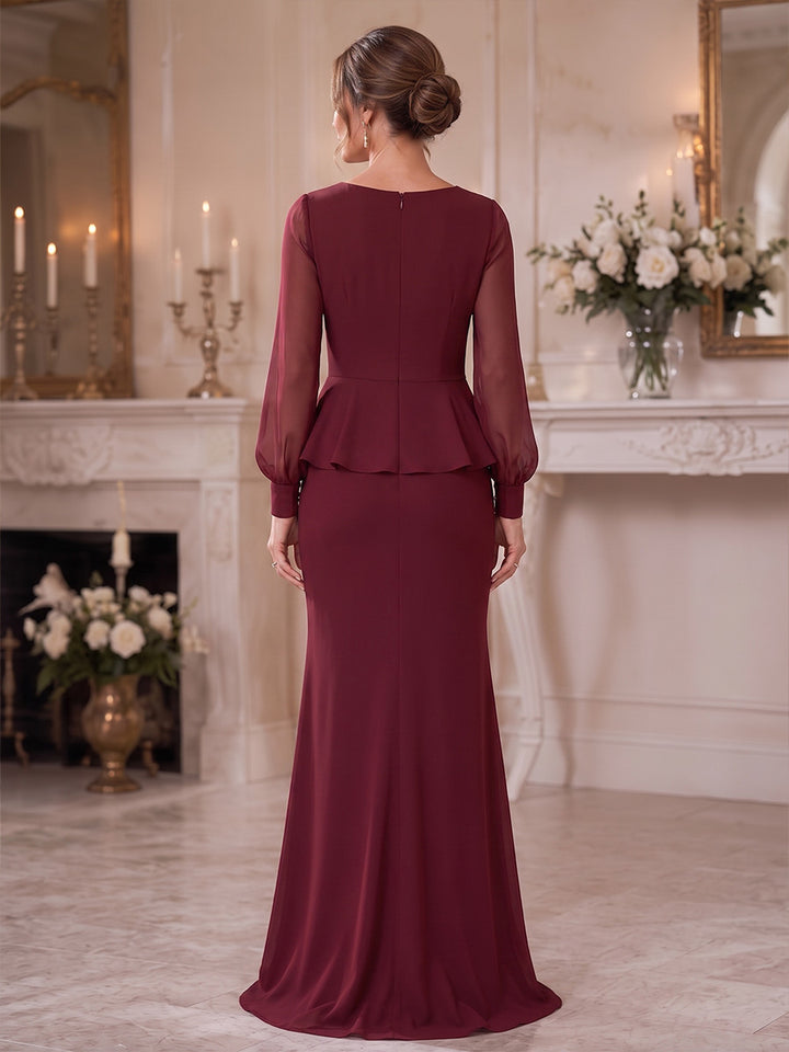 Sheath/Column V-Neck Chiffon Mother of the Bride Dresses Floor-Length Long Sleeves With Lace Applique