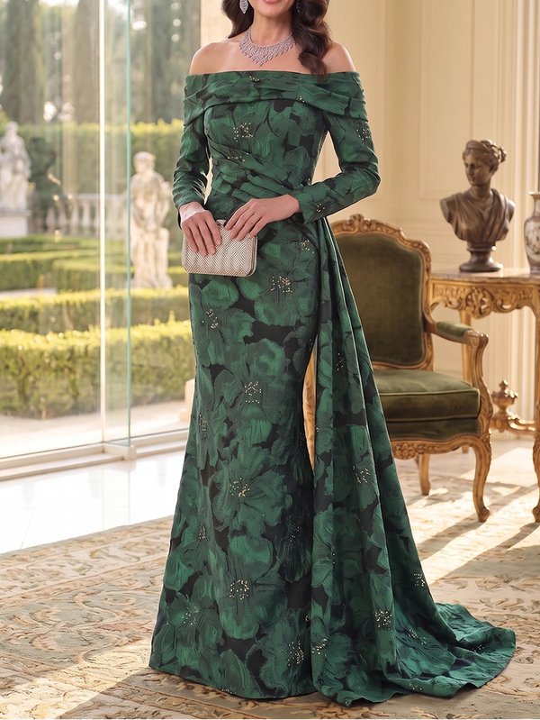 Trumpet/Mermaid Off-the-Shoulder Jacquard Mother of the Bride Dresses Sequins Long Sleeves Floor-Length