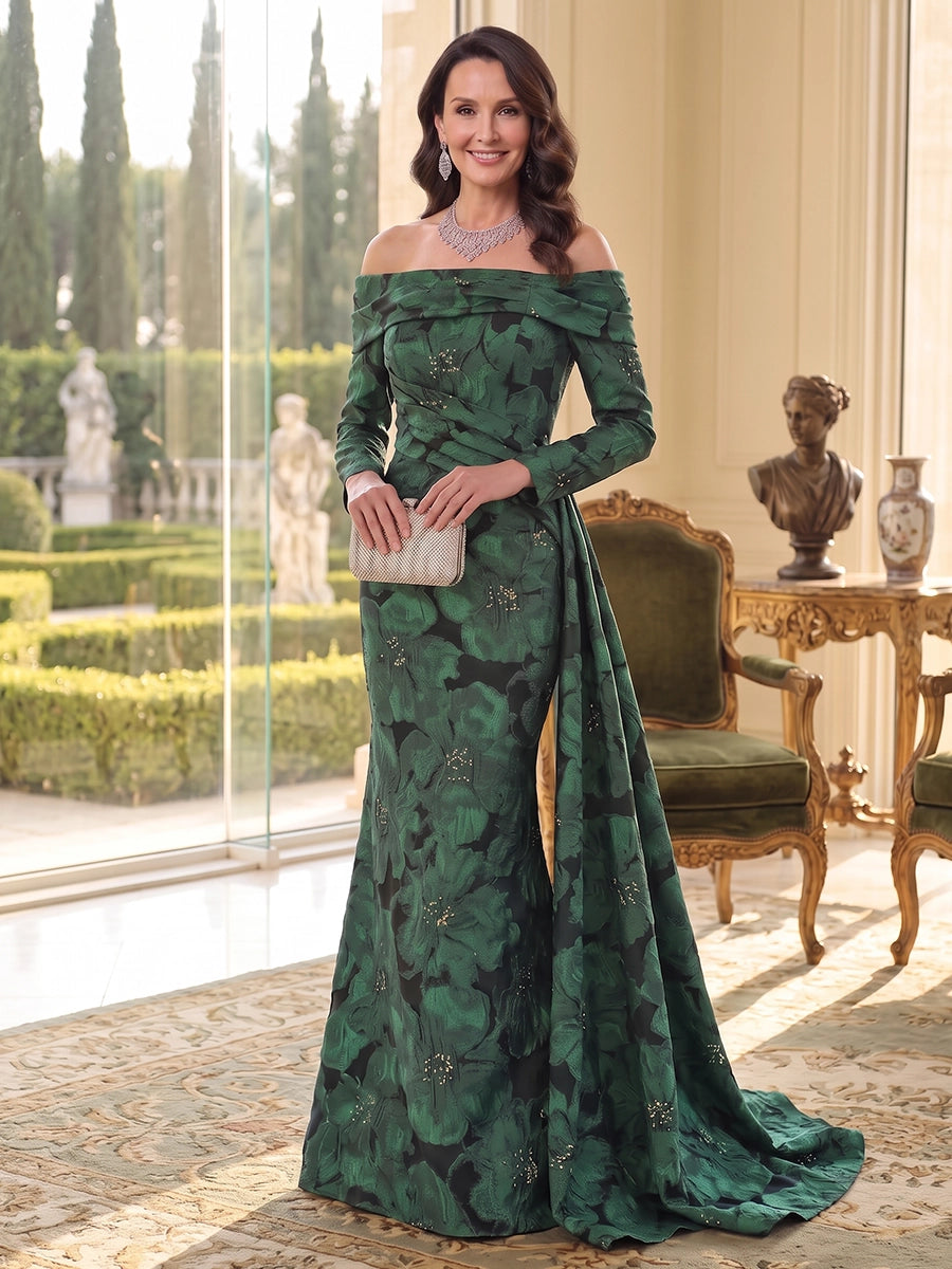 Trumpet/Mermaid Off-the-Shoulder Jacquard Mother of the Bride Dresses Sequins Long Sleeves Floor-Length