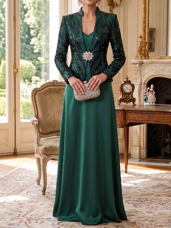 2 Pieces A-Line/Princess V-Neck Satin Mother of the Bride Dresses Sequins Long Sleeves Floor-Length