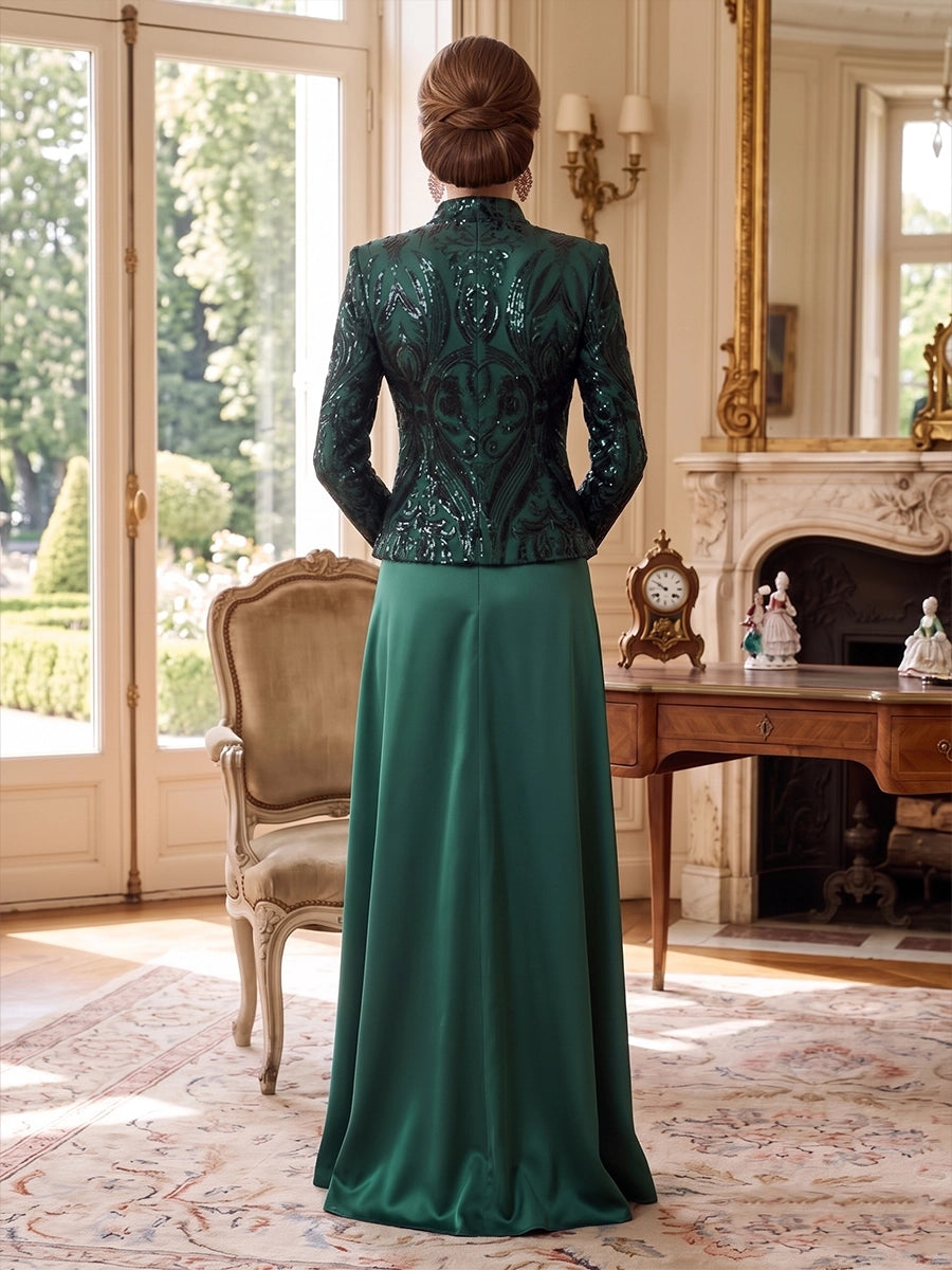 2 Pieces A-Line/Princess V-Neck Satin Mother of the Bride Dresses Sequins Long Sleeves Floor-Length