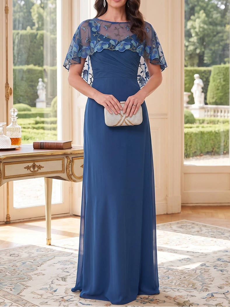 A-Line/Princess Boat Neck Chiffon Mother of the Bride Dresses Floral Cape Sleeves Floor-Length