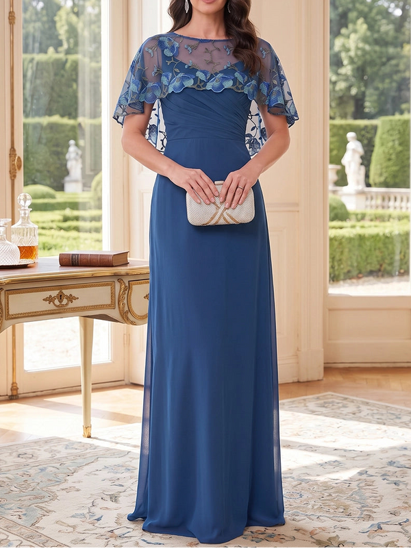 A-Line/Princess Boat Neck Chiffon Mother of the Bride Dresses Floral Cape Sleeves Floor-Length