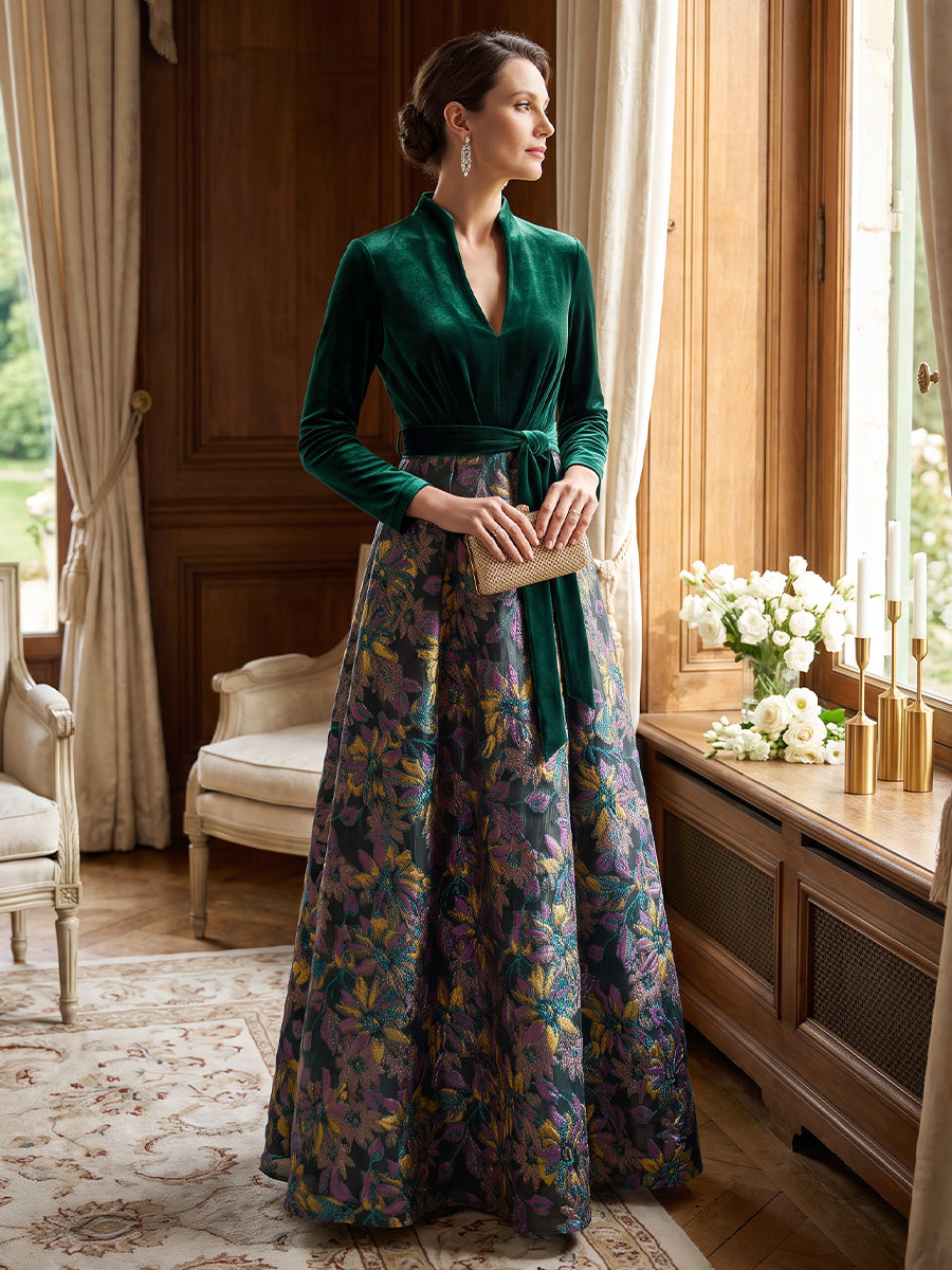 A-Line/Princess V-Neck Velvet Mother of the Bride Dresses Long Sleeves Floor-Length With Bowknot
