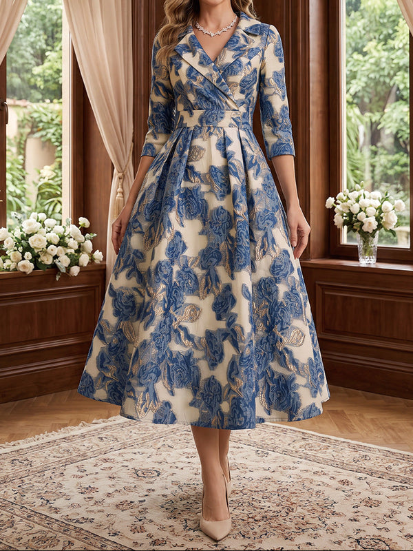 A-Line/Princess V-Neck Jacquard Mother of the Bride Dresses Floral 3/4 Sleeves Tea-Length