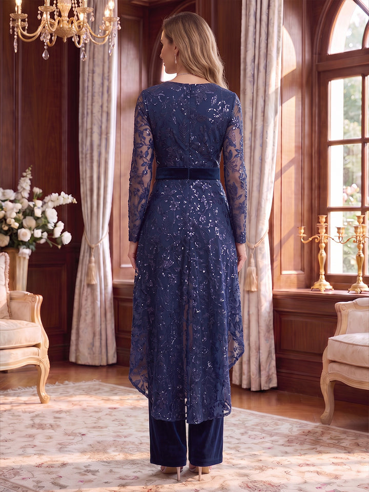 2 Pieces V-Neck Velvet Mother of the Bride Pantsuits Long Sleeves Ankle-Length Sequins