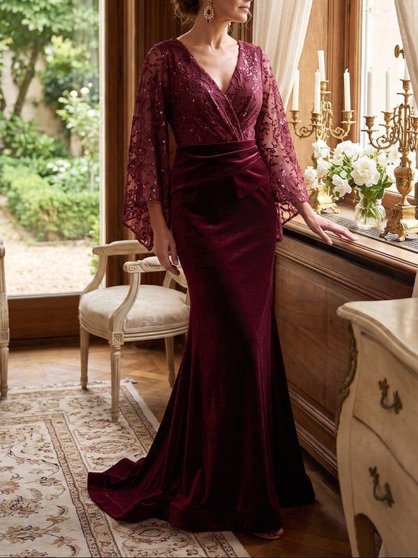 Trumpet/Mermaid V-Neck Velvet Mother of the Bride Dresses Sequins Long Sleeves Floor-Length