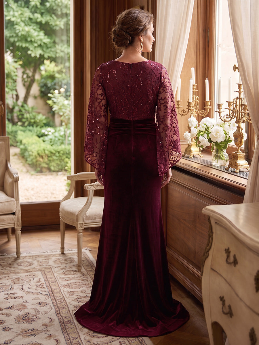 Trumpet/Mermaid V-Neck Velvet Mother of the Bride Dresses Sequins Long Sleeves Floor-Length