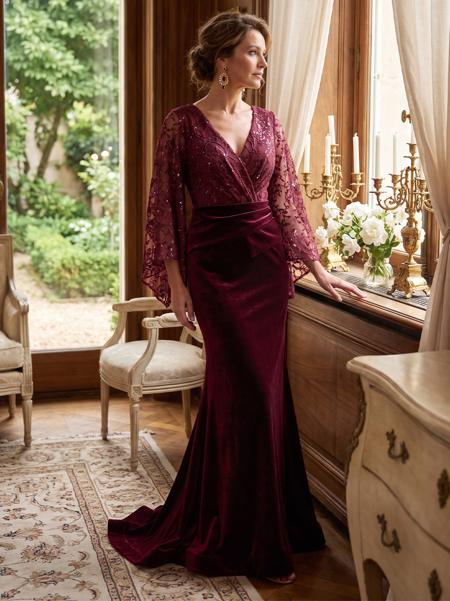 Trumpet/Mermaid V-Neck Velvet Mother of the Bride Dresses Sequins Long Sleeves Floor-Length