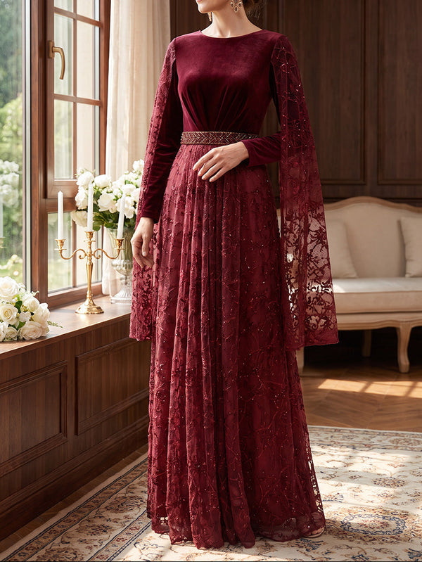 A-Line/Princess Boat Neck Velvet Mother of the Bride Dresses Sequins Cape Sleeves Floor-Length