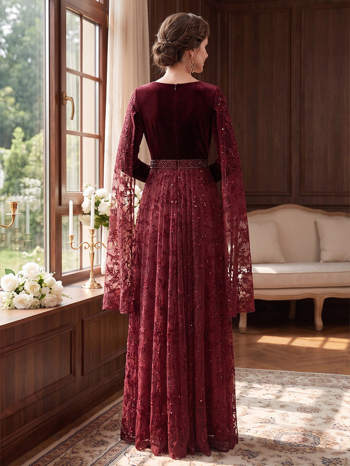 A-Line/Princess Boat Neck Velvet Mother of the Bride Dresses Sequins Cape Sleeves Floor-Length