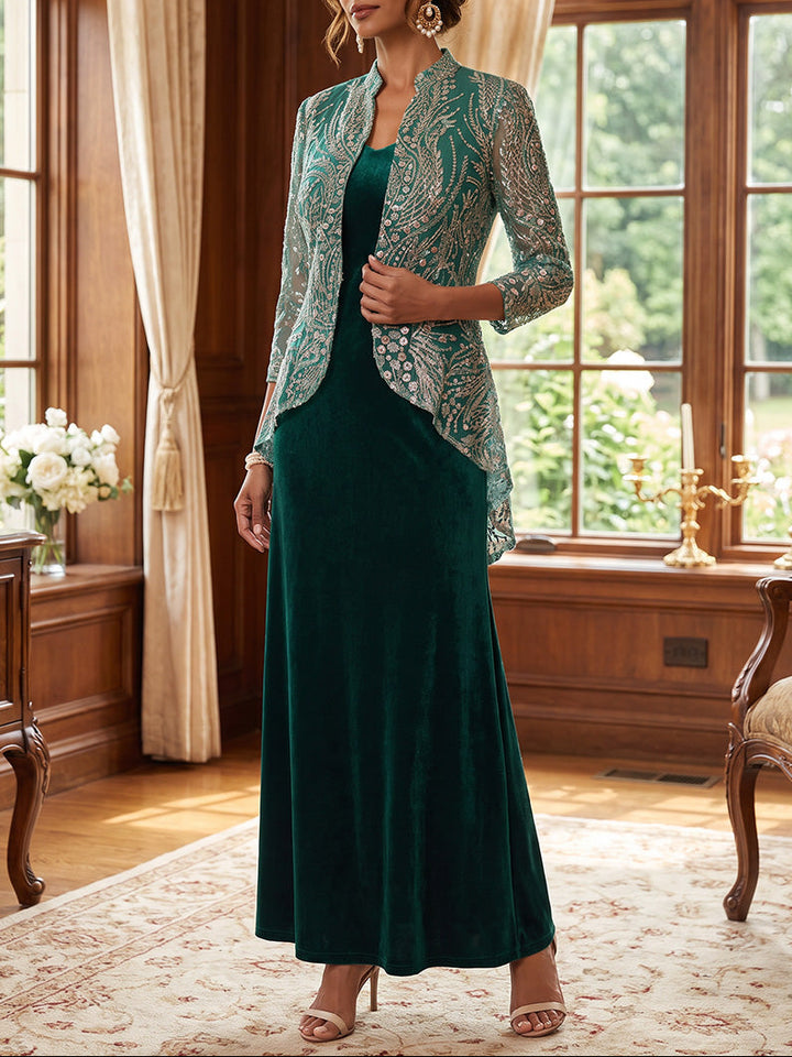 2 Pieces A-Line/Princess V-Neck Velvet Mother of the Bride Dresses Sleeveless & 3/4 Sleeves Ankle-Length Sequins