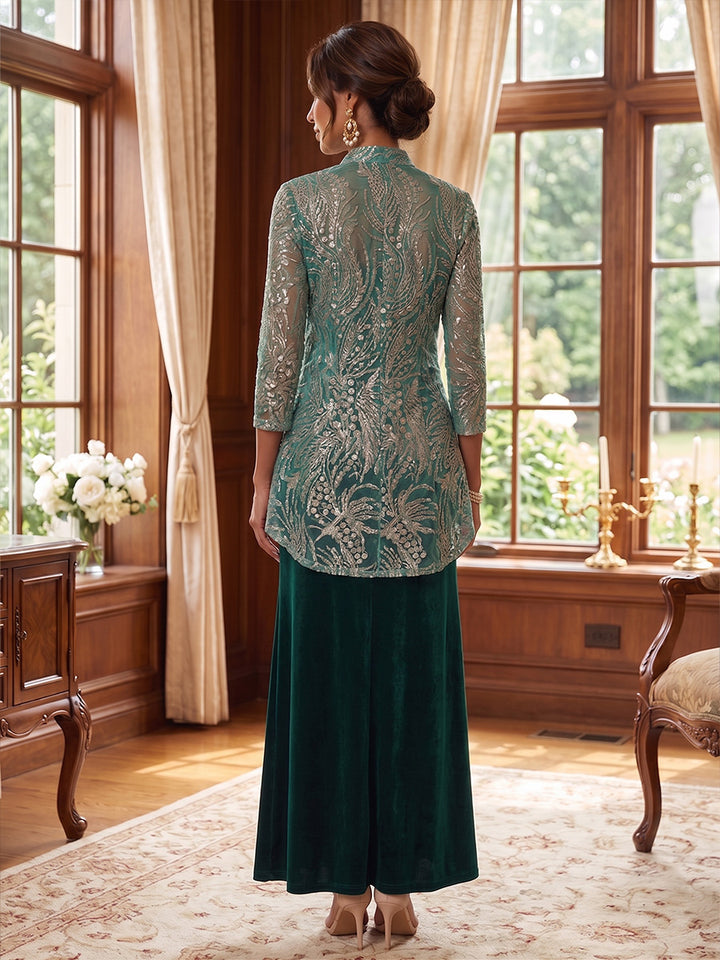 2 Pieces A-Line/Princess V-Neck Velvet Mother of the Bride Dresses Sleeveless & 3/4 Sleeves Ankle-Length Sequins