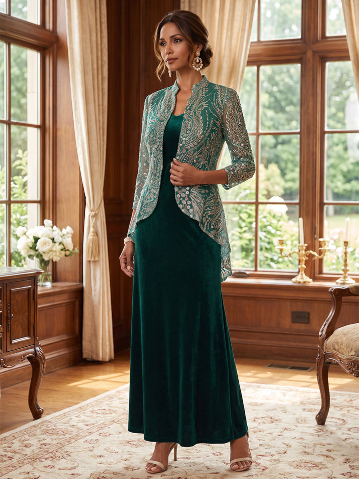 2 Pieces A-Line/Princess V-Neck Velvet Mother of the Bride Dresses Sleeveless & 3/4 Sleeves Ankle-Length Sequins