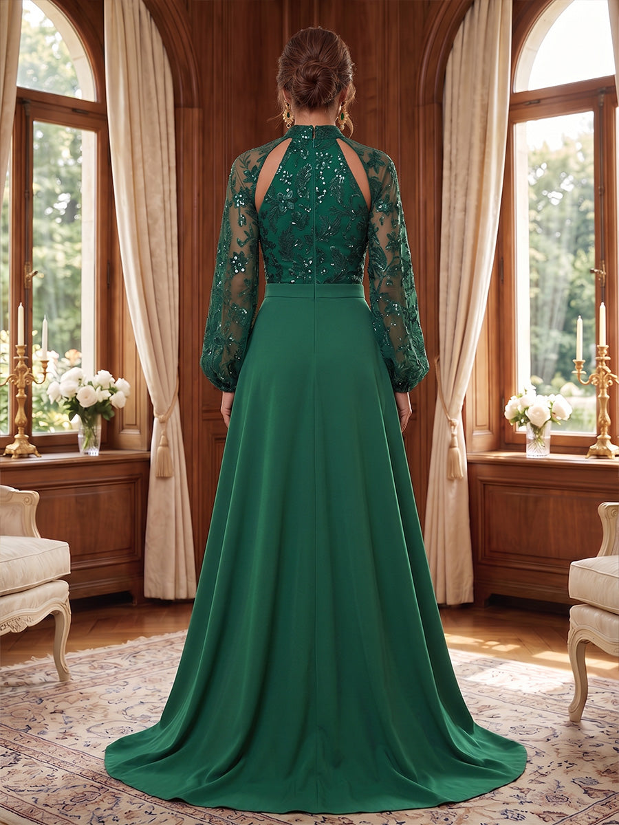 Mock Neck Stretch Satin Mother of the Bride Jumpsuits Long Sleeves Floor-Length Sequins With Overskirt